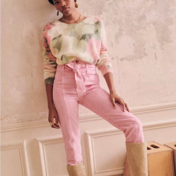 Sezane Floral V-Neck Sweater in Pink and Cream - Picture 2 of 7